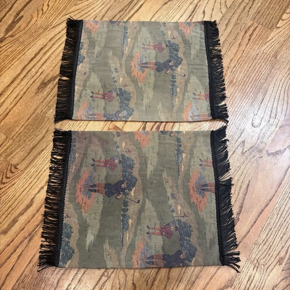 Set of 2 Vintage Golf Tapestry Placemats Fringe Edges Golfer‎ Scene 16x13.5